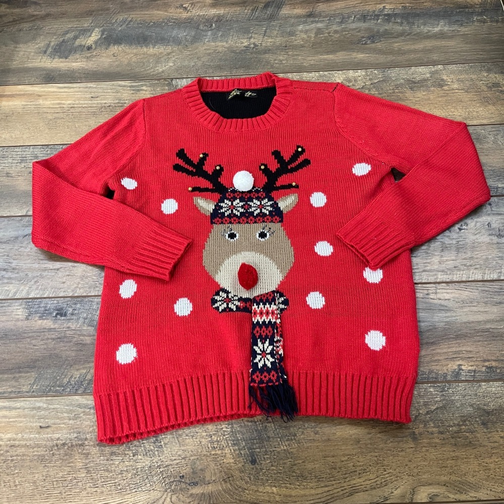 Absolutely Famous Reindeer Christmas Sweater Red Polka Dot Pom Pom Large Festive